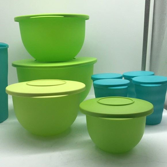 Tupperware Impressions Classic  Bowl  (4) & Jug (4) Tumbler Green & Blue Color - Picture 10 of 16